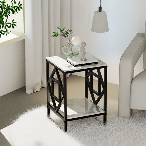 2 Tier Marble Simple Coffee Table Modern Square Sofa Side End Table Living Room, Black (1/5)