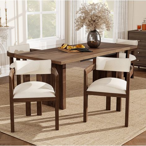 Sedia da pranzo con braccioli, set da 2, legno e lino, marrone, HAVRYA (1/5)