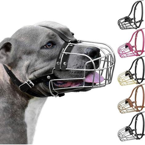 BRONZEDOG Muselière pour chien Pitbull, masque métallique, panier en fil de fer Amstaff, sangles en cuiréglables pour grands chiens (acier) (1/5)