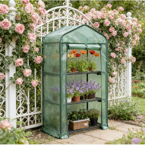 Serra da giardino 69 x 49 x 125 cm con porta avvolgibile, 3 ripiani, verde DESVIAE (1/5)