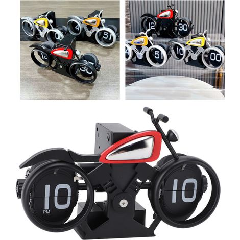 Vintage Motorrad-Klappuhr - Mechanische Uhr mit elektrischem Antrieb - Batteriebetriebene Tischdekoration (AA), Schwarzes und rotes PVC für Wohnzimmer/Schlafzimmer/Büro, Geschenk für Motorradbegeister