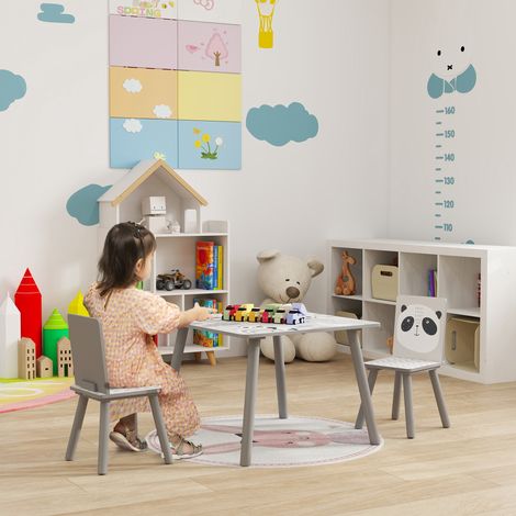 Ensemble table et 2 chaises pour enfants de 3 à 8 ans, en MDF et pin. Gris.