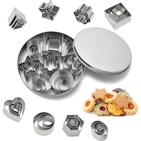 Ensemble de 24 pièces pour la décoration de gâteaux - Moules à gâteaux avec boîte en métal, outils de pâtisserie et de loisirs créatifs pour la cuisine et le papier (Argent)