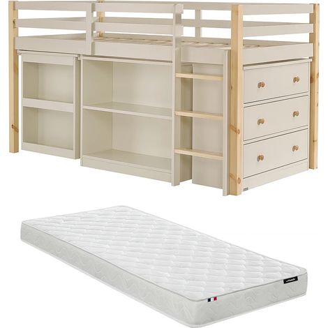 Lit combiné 90 x 190 cm avec rangements et bureau extensible - Pin et MDF - Beige et naturel + Matelas - ABRENO (1/5)