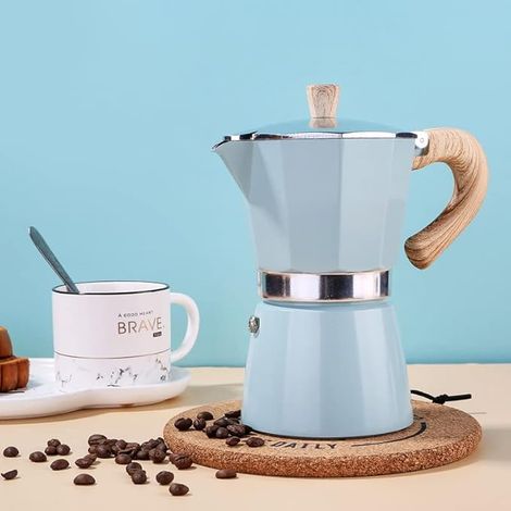 Stovetop Espresso Maker, 6 Cups Moka Maker - Aluminum Manual Cuban Coffee Percolator - Italian Greek Moka Maker - Coffee Maker Percolator (Blue) (1/5)