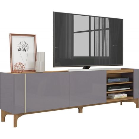 Meuble TV 72 Pouces Gris et Chêne 2 Portes Coulis. 5 Niches L 203 H 59.5 P 40 cm (1/5)
