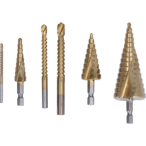 Set de 6 forets étagés hélicoïdaux à queue hexagonale + perceuse-scie à tige ronde (1/5)