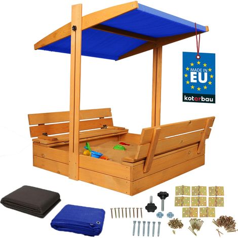 KOTARBAU® Bac à Sable Enfant Extérieur Bois de Pin 100x100 cm Marron Bac à Sable avec Couvercle et Bancs Pliables Protection Solaire avec Toit Bleu