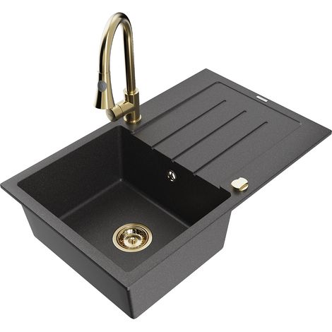 Mexen Bruno 1 Becken-Granitspüle mit Abtropffläche und Mischbatterie Elia, Schwarz gesprenkelt - 651 (1/5)