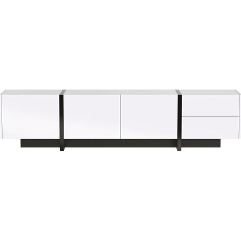Meuble TV design blanc noir brillant avec portes tiroirs et étagères