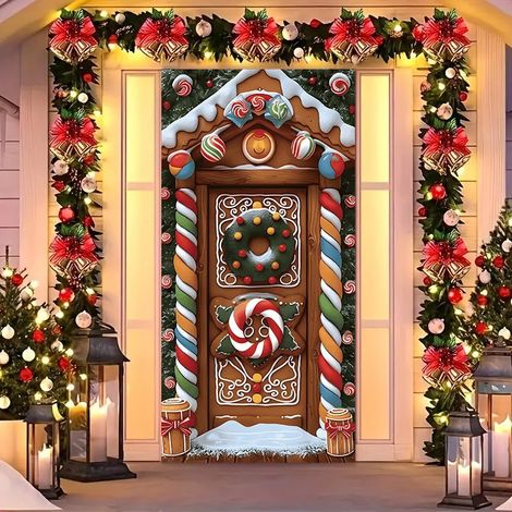 Rideau de porte de Noël 2026, bannière extérieure avec fond photo Père Noël et chien, tissu à suspendre - 90 x 180 cm (rainure + ruban) - 15