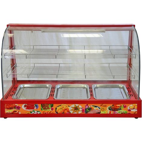 Kukoo – Vitrine chauffante électrique 90 cm – 3 bacs en acier inoxydable – Température 50-80 ºC – Éclairage intérieur – 2 étagères spacieuses