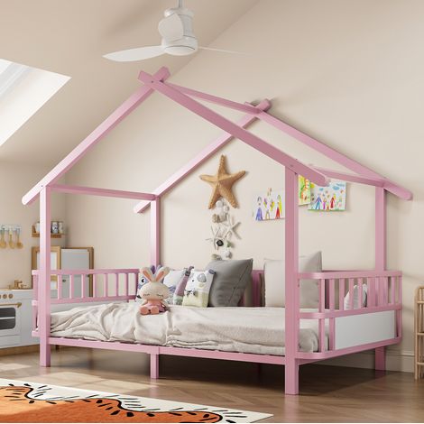 Letto a castello per bambini 90x200 cm con sponde di sicurezza, tetto apribile, robusta struttura in metallo rosa. (1/5)
