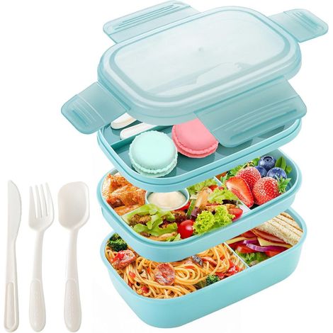 NALOOKAMIC Bento Lunch Box Adulte, 1900 ML Boite à Bento, Boîte à Lunch, Boîte à Déjeuner avec Couverts, Anti-Fuite Lunchbox pour Pique-Nique, Travail, Goûter, Boîte à Lunch Micro Ondes (Bleu) (1/5)