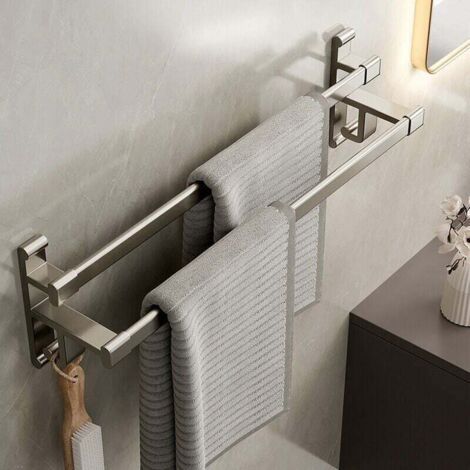 Porte-serviettes de salle de bain sans trous porte-serviettes double bras salle de bain double espace porte-serviettes de salle de bain en aluminium porte-serviettes auto-adhésif gris métallisé double (1/5)