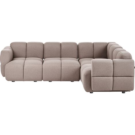 Sofá modular de 4 plazas esquinero izquierdo moderno compuesto por cuatro módulos seccionales tapizado en tela gris pardo Maksaberg (1/5)