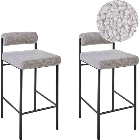 Set di 2 sedie da bar moderne con schienale arrotolabile Sgabelli con seduta imbottita in poliestere Boucle senza braccioli gambe nere grigio Amaya