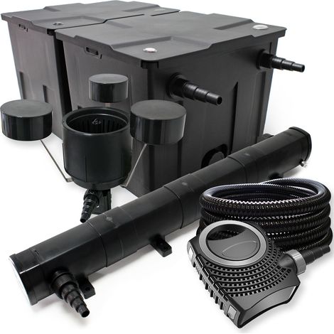 Wiltec Komplettset: CBF-350B Teichfilter bis 60000 L Teichfilteranlage Durchlauffilter, NEO10000 Teichpumpe 10000l/h 80W, CUV-272 Teichklärer 72W, 25m Teichschlauch 25 mm, CSP-250 Skimmer 2500l/h 45W