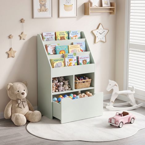 Librería multifuncional con 3 estantes, 2 nichos y un gran cajón de madera en color verde claro. (1/5)