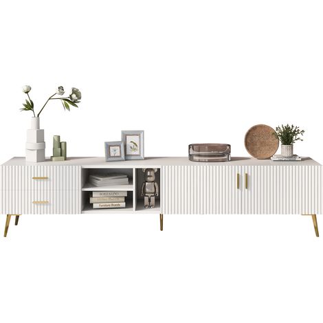 ELVMI Mobile TV con 2 Ante, 2 Cassetti e 3 Vani, per TV fino a 80 Pollici, in MDF Bianco, 180×35×41 cm (1/5)