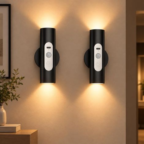 Applique Murale LED avec Détecteur de Mouvement et Télécommande - Lampe Murale Sans Fil Rechargeable pour Intérieur, Couloir, Escalier, Armoire, Chambre, Salon (Noir, Lot de 2) (1/5)