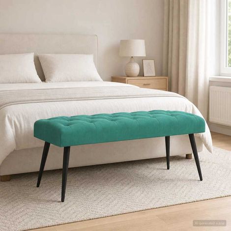 Banc capitonné en velours turquoise avec pieds en métal, 110 x 40 x 46 cm - PANGIVO (1/5)