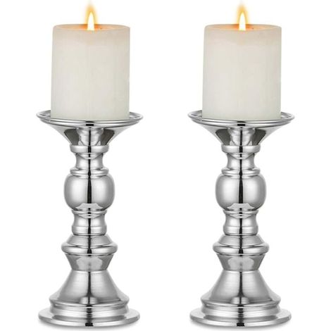 Silberne Stumpenkerzenhalter, Hochzeits-Mittelstücke, Metall-Kerzenhalter für 50-mm-Kerzen, Standdekoration, ideal für Hochzeiten, besondere Anlässe, Partys, Wohnzimmer, 2 Stück (1/4)