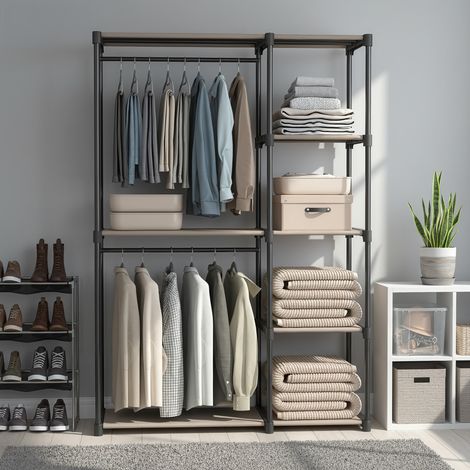 Armoire penderie, porte-manteau, avec tringles à vêtements, organisateur de rangement ouvert pour chambre ou vestiaire, taupe (1/5)
