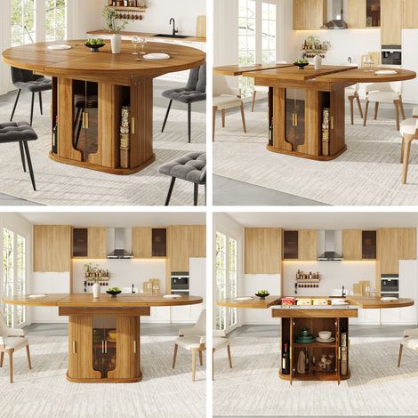Table à manger extensible, table de salle à manger, table de cuisine, table ronde extensible en ovale, 118-158 cm, place jusqu'à 6 personnes, table à manger avec portes en verre, noyer (1/5)