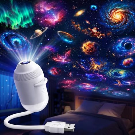 Proyector de luz nocturna holográfica 5D con efecto de galaxia y estrellas, rotación de 360 grados, brillo ajustable, conexión mini USB y 24 láminas para montaje en techo de dormitorio.