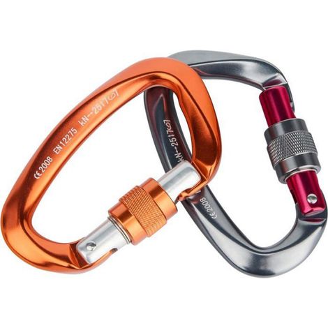 Lot de 2 mousquetons d'escalade 25 kN en aluminium certifié CE, forme en D avec capuchon à vis, idéal pour alpinisme et activités en hauteur (1/4)