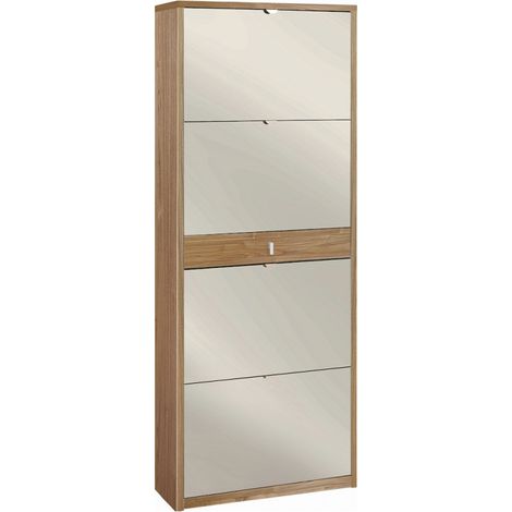Zapatera de 4 puertas con espejo y 1 cajón, 63L x 29P x h164 – Acabado en madera nogal Stelvio nogal – Sarmog