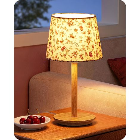 EDISHINE Lampe de Chevet avec Socle en Bois Massif, Abat-jour en Tissu Floral, 2700K Blanc Chaud, Lampe de Table LED avec Douille E27 pour Chambre et Salon, incl. Ampoule LED 4W (1/5)