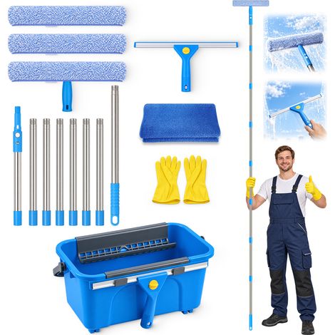 Kit de nettoyage de vitres avec 12L seau, 37cm raclette à vitres et manche en 8 sections, grattoir à vitres, adapté à un usage domestique (310 cm) (1/5)