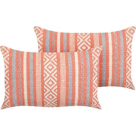 2 Cotton Cushions Geometric Pattern Tassels Boho Vintage 30 x 50 cm Multicolour Inula (1/5)