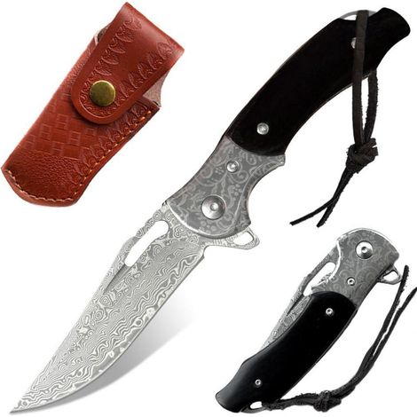 Couteau pliant Damas avec manche en bois et étui en cuir, acier VG10, couteau à une main