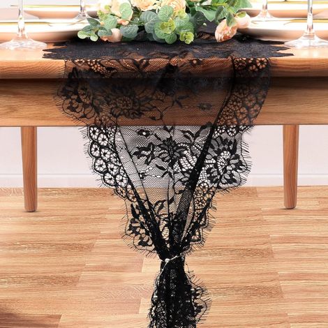 Chemin de table en dentelle brodée, décoration mariage, anniversaire et fête, tissu ajouré élégant, Composition : 36 × 300 cm, Couleur : noir (1/5)