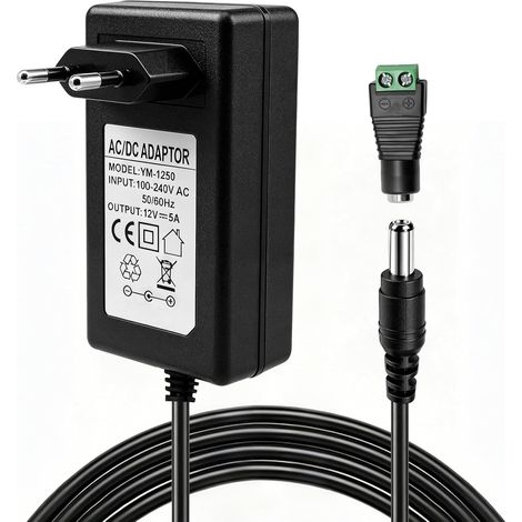 Bloc d’Alimentation 12V 5A Universelle avec Connecteur DC 5.5 x 2.1mm Adaptateur Secteur AC 100‑240V vers DC 12V, 60W Chargeur pour Bande LED, Caméra CCTV, Routeur, Haut‑parleurs, Boîtiers TV (1/5)