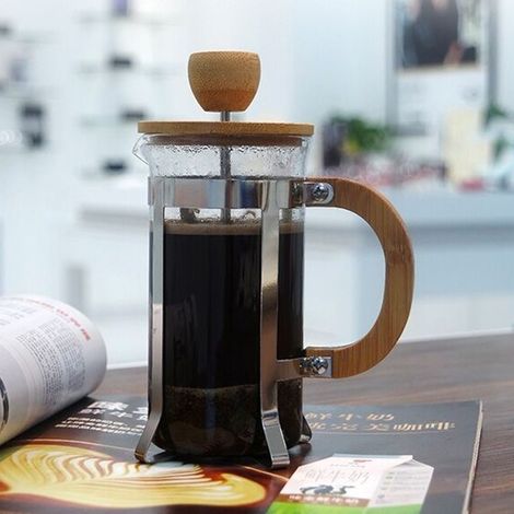 Cafetière à piston domestique, théière, couvercle en bambou avec filtre, tasse en verre résistant à la chaleur, infuseur à thé manuel, 350 ml (1/5)