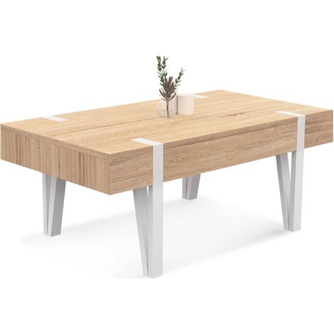 Idmarket – Table basse fixe 100x55x40 cm – 1 tiroir – Bois MDF et métal – Pieds épingle blanc – Style industriel