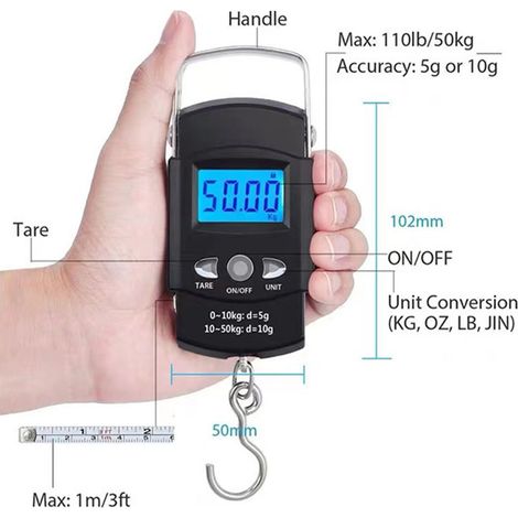 Balance de pêche portable et compacte, avec affichage clair, en ABS et acier inoxydable, pratique et facile à utiliser en extérieur et en intérieur (avec un mètre ruban) : 50 kg/10 g (1/5)