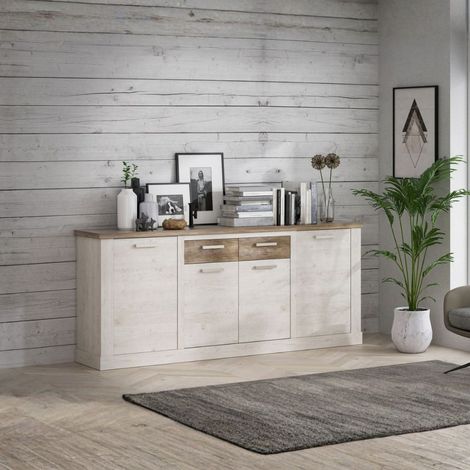 Madia Flux 4 ante e 2 cassetti 213 cm pino bianco con top rovere antico (1/4)