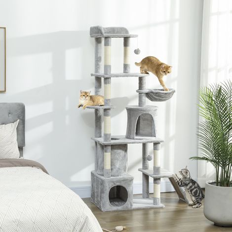 Arbre à chat géant, 170 cm de haut, avec 7 poteaux, 1 tunnel, 3 plateformes, 2 grottes et 1 hamac, gris clair