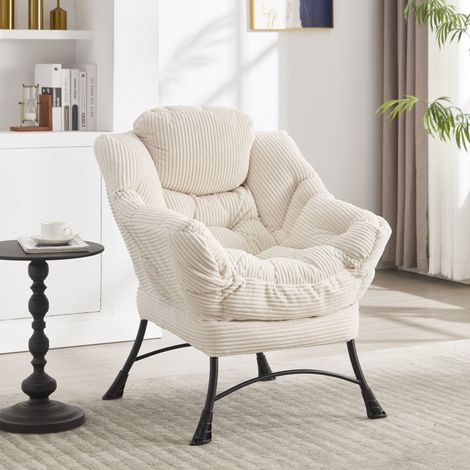 Fauteuil paresseux blanc avec pouf et poche latérale,accoudoirs rembourrés et repose-pieds intégré. Idéal pour la lecture et petit espace de salon. (1/5)