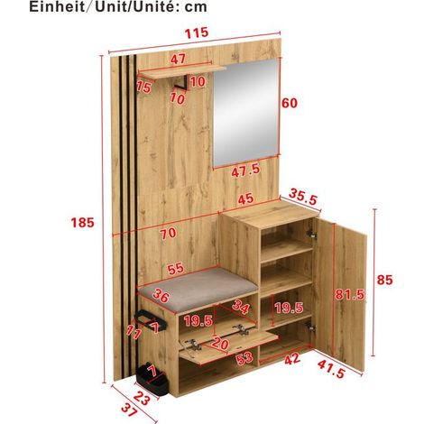 Ensemble de garde-robe - MDF - Bordure noire - Miroir - Porte-parapluie - 115x185x37 cm (1/4)
