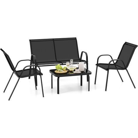 COSTWAY 4 Piece Patio Metal Chair Set Modern Chair & Table Set-Black