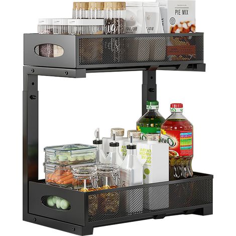 Spülschrank Organizer, 2 Etagen Metall Ausziehbares Unter Waschbecken Regal mit Schiebeschubladen, Unter Spüle Spülenunterschrank Organizer für Unterschrank, 1 Stück, Schwarz
