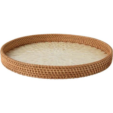 Vassoio rotondo intrecciato naturale 38 cm con base bianca