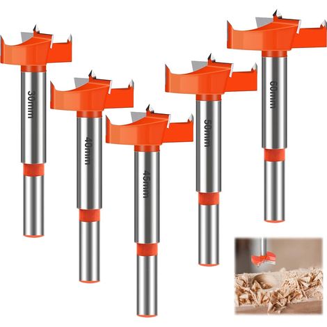 Juego de 5 brocas para madera de 30/40/45/50/60 mm, brocas de carburo para madera, brocas de vástago redondo, para decorar cajones, muebles y bricolaje (rojo) (1/4)