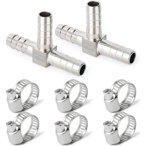 Pair 2 pièces 10mm en Acier Inoxydable Tuyau té barbelé, 3 Voies en Forme de T SUS 304 raccord de Tuyau avec 6 pièces Pinces (1/5)